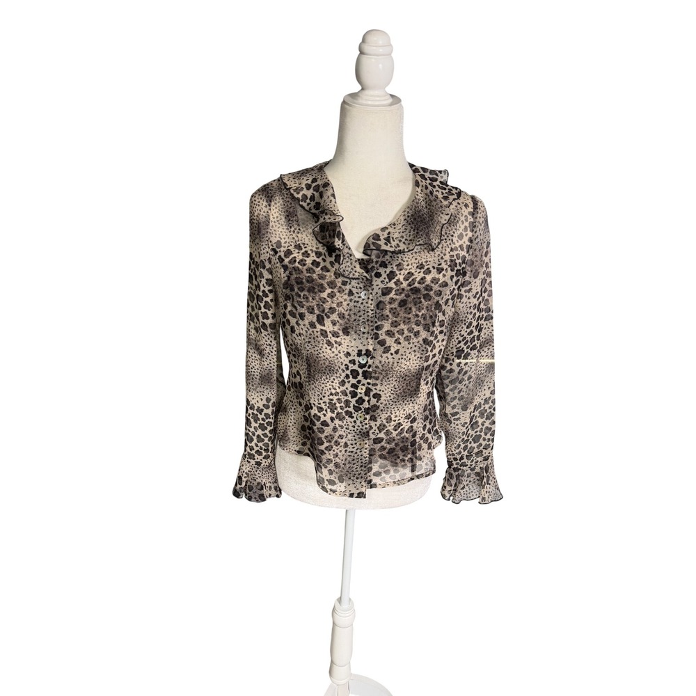 Vintage 90s Tess Studio 100% Silk Leopard Blouse Cami Set Ruffle Petite 4P